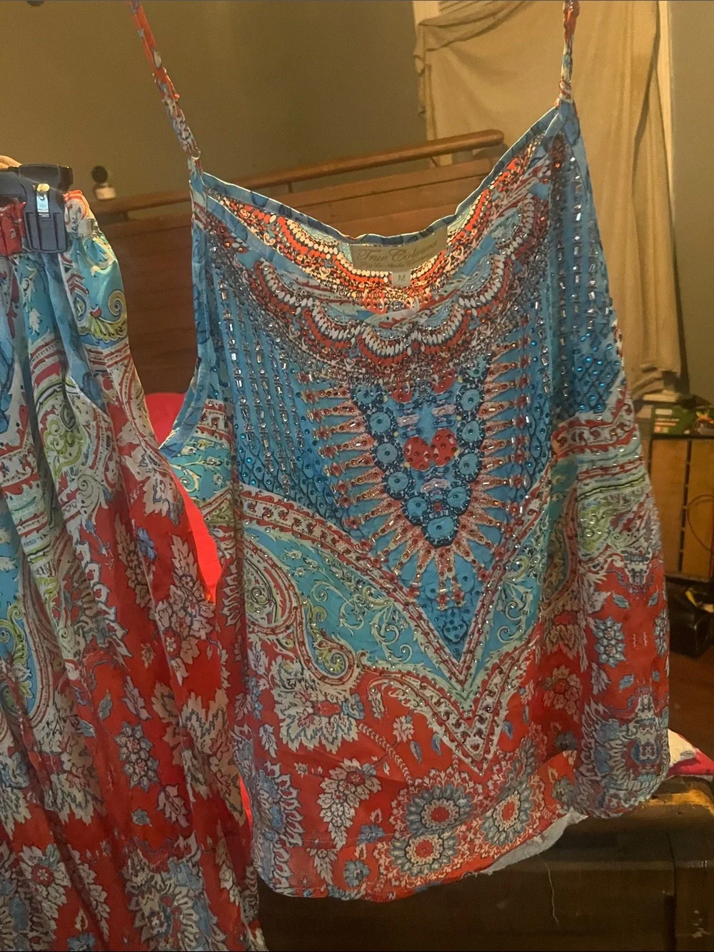 Paisley Print Two-Piece Skirt Set in Coral & Turquoise